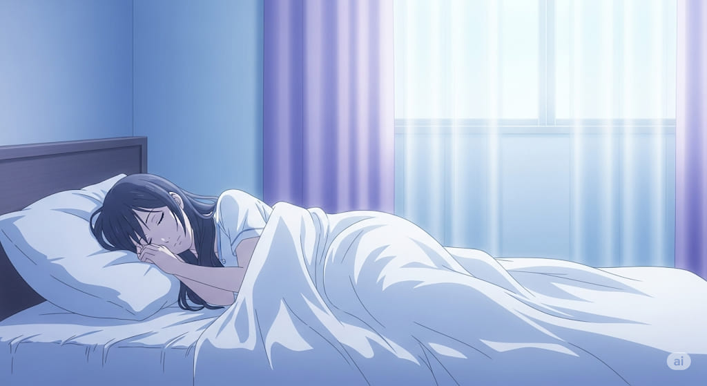 An anime-style illustration of a person with long dark hair peacefully sleeping in bed under a white duvet, with soft morning light coming through a window.