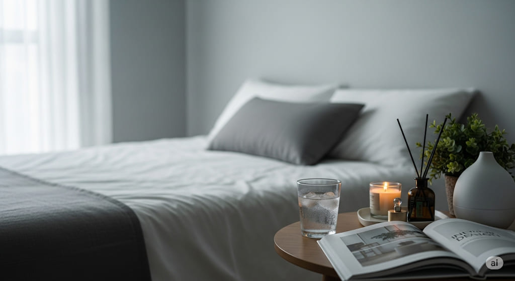 A tranquil bedroom scene with a neatly made bed, a wooden nightstand holding a glass of water, a lit candle, a book, and a diffuser with a small plant.