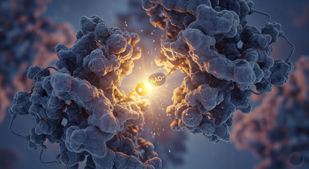 Abstract representation of a sirtuin protein interacting with NAD+ to activate.