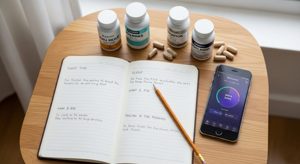 A notebook with sleep notes, supplements, and a smartphone on a wooden table.