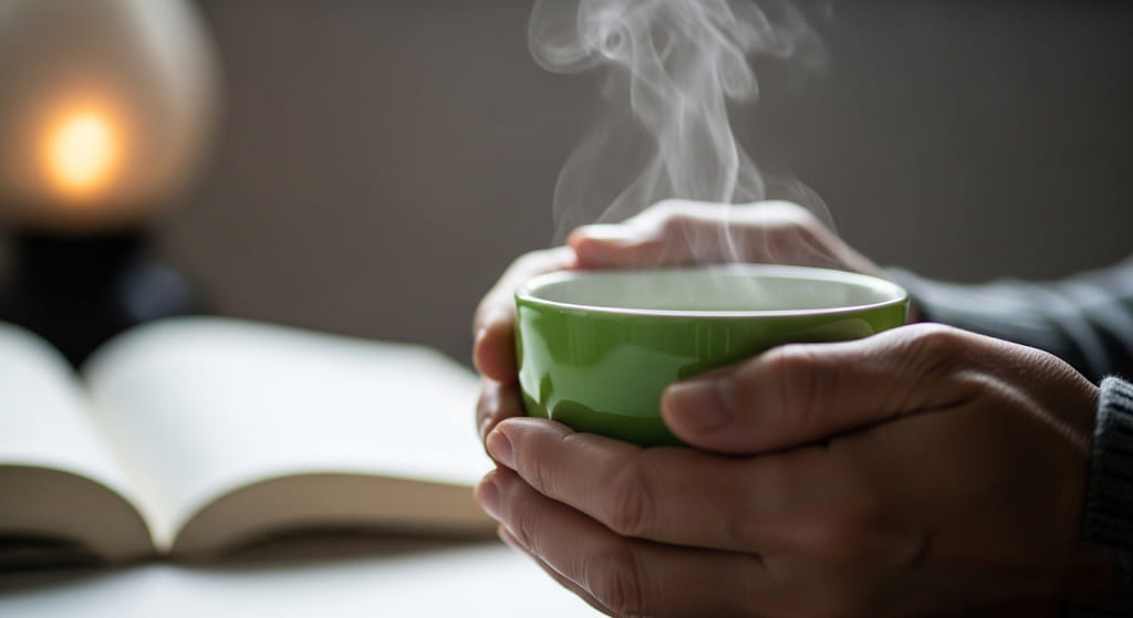 Hands holding a steaming green mug of tea with a blurred book in the background.