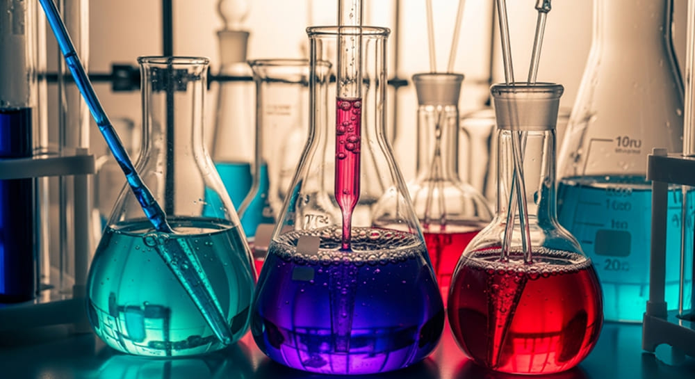 Close-up of scientific glassware and laboratory equipment with bubbling liquids and subtle light, symbolizing the synthesis of modern nootropic compounds.