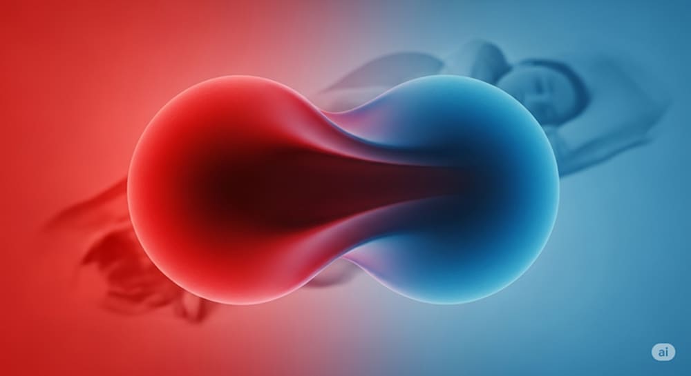 An abstract illustration featuring two connected, glowing orb-like shapes, one red (hot) and one blue (cold), overlaid on a blurred image of a person sleeping.