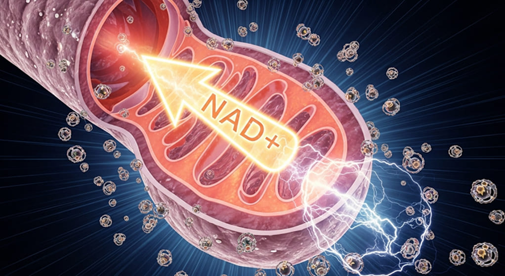 Two glowing molecular structures, glutathione and NAD+, linked by a light bridge, representing their synergistic interaction for longevity.