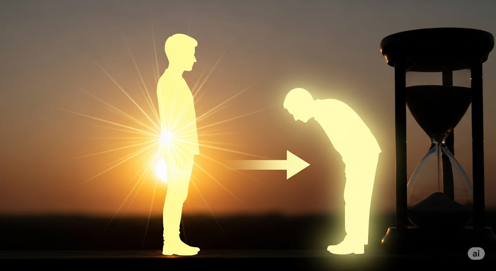 A silhouette of a young, glowing figure standing upright next to an arrow pointing to an older, slumped, glowing silhouette, with an hourglass in the background during sunset.