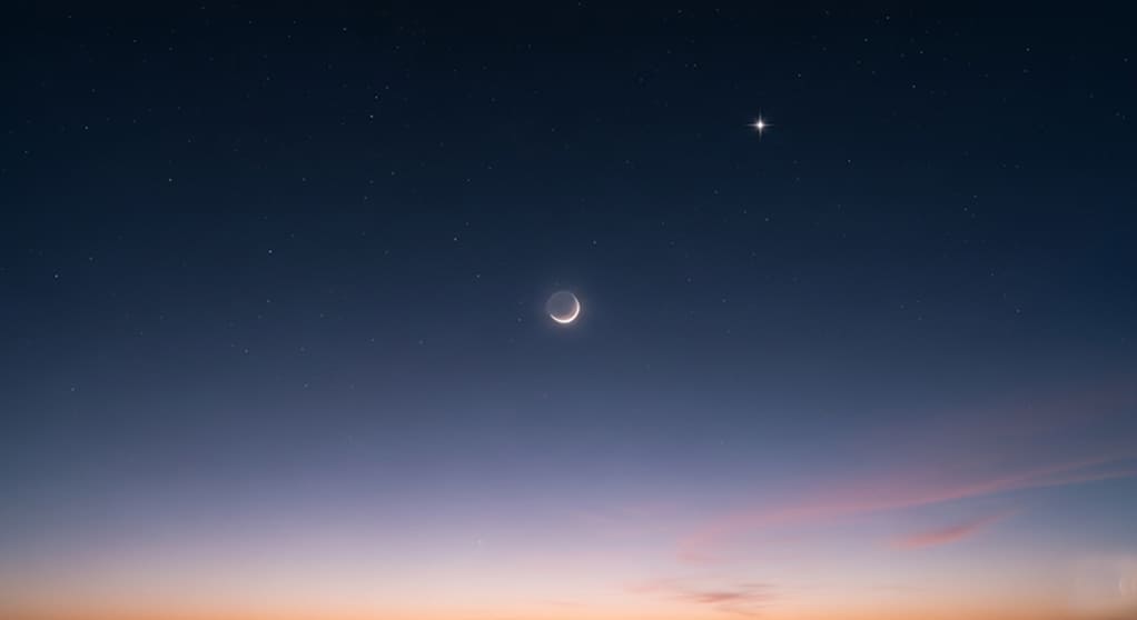 A serene twilight sky with a crescent moon and a single bright star.