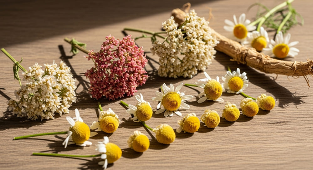 Dried Valerian roots and Chamomile flowers arranged on a wooden surface.