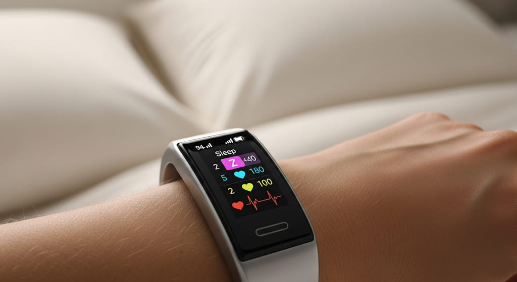 A wrist wearing a sleep tracker displaying sleep data.