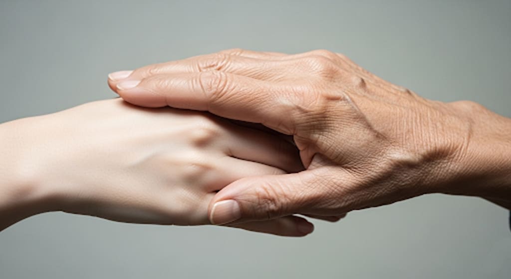 Visual representation of two hands, one youthful and smooth, the other aged and wrinkled, subtly fading between them to show aging.