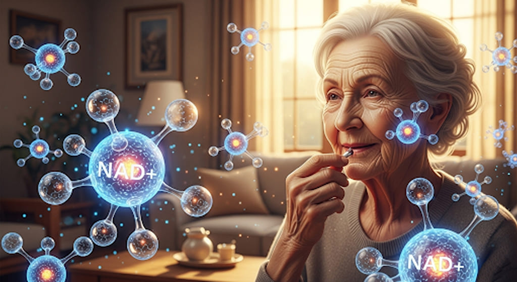Elderly person taking NAD+ supplements with molecular effects shown.