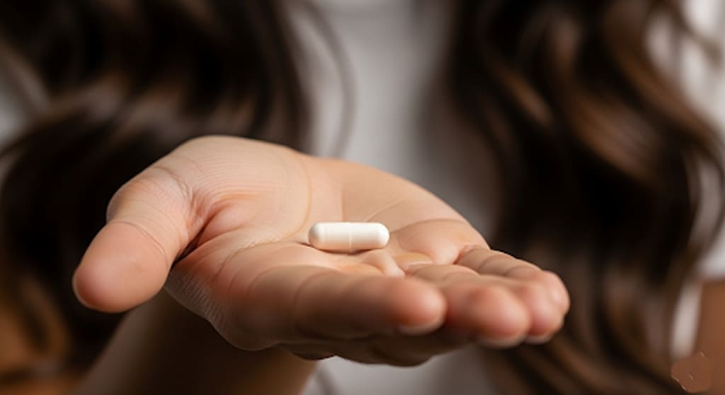 A single, small white pill resting gently on a palm.