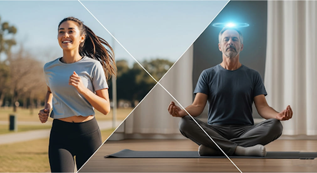 A dual image: one side showing a serene, active person (real effect), the other a person meditating with a glowing brain outline (placebo effect).