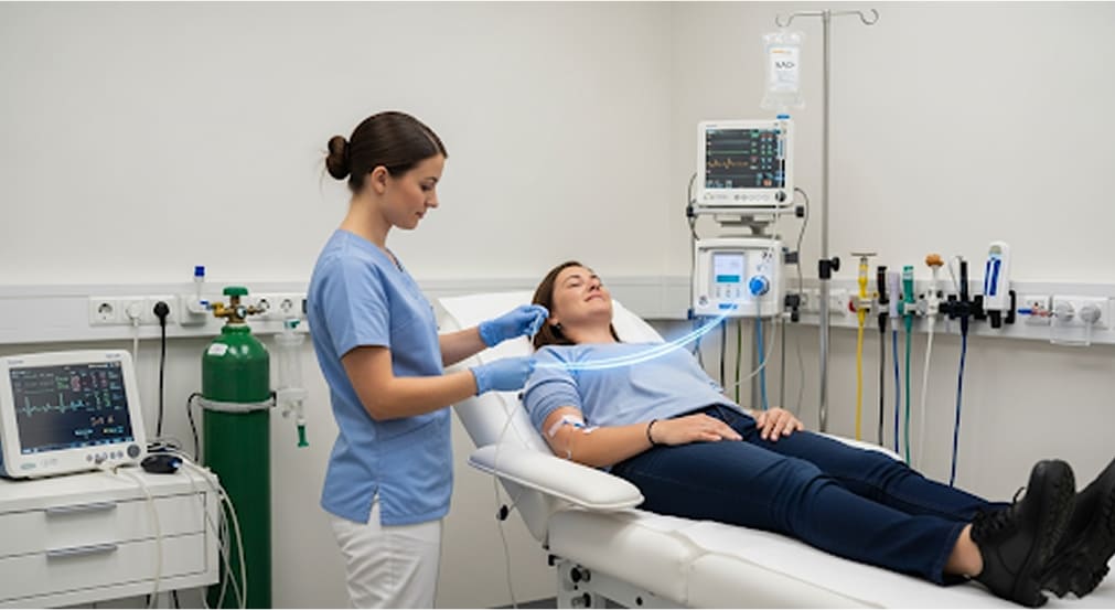Patient receiving intravenous NAD+ therapy in a clinical setting.