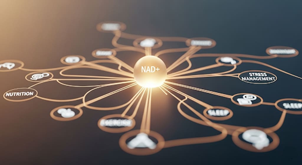 Interconnected abstract glowing lines representing various lifestyle factors (diet, sleep, exercise) converging towards a central point, symbolizing their influence on health.