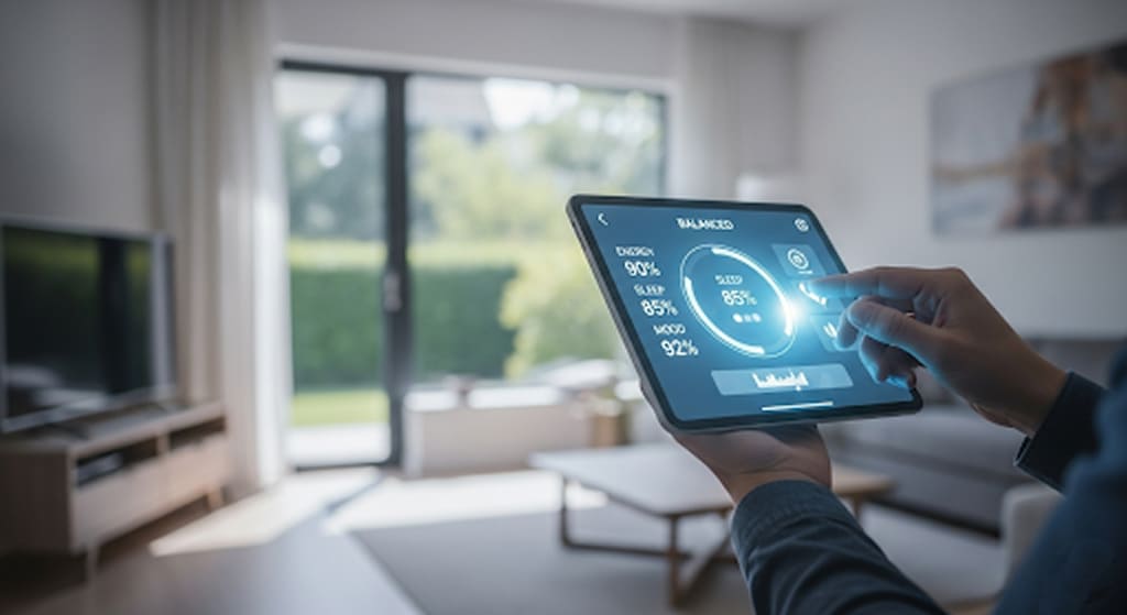 A person's hand holding a glowing tablet displaying balanced health metrics, with a blurred background of a modern, serene living space.