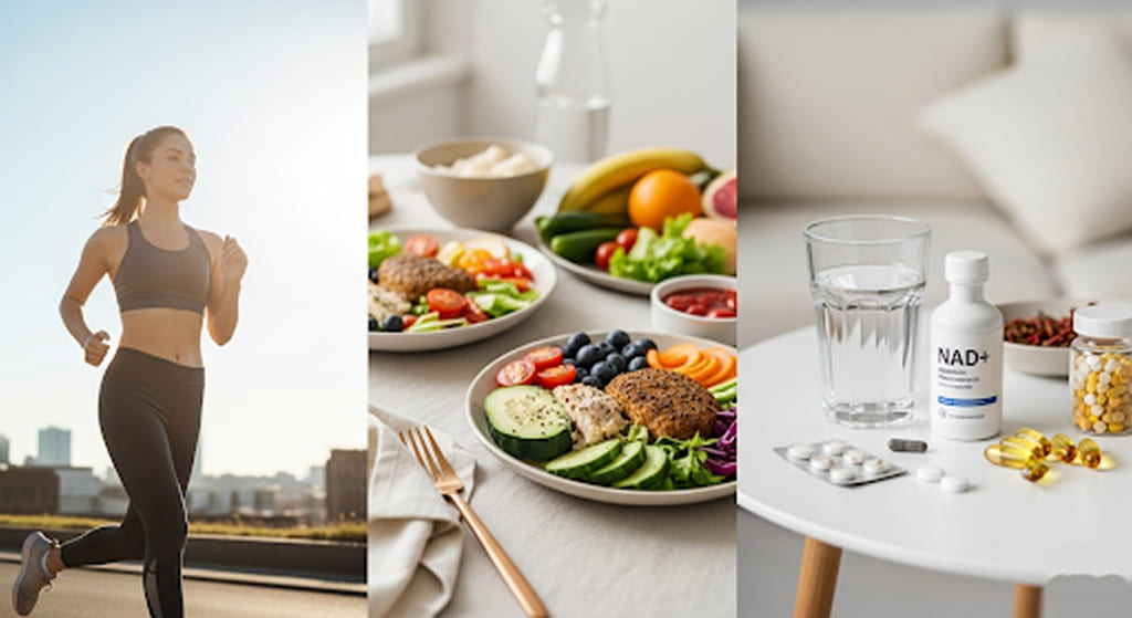 Balanced lifestyle combining exercise, nutrition, and NAD+ supplementation.