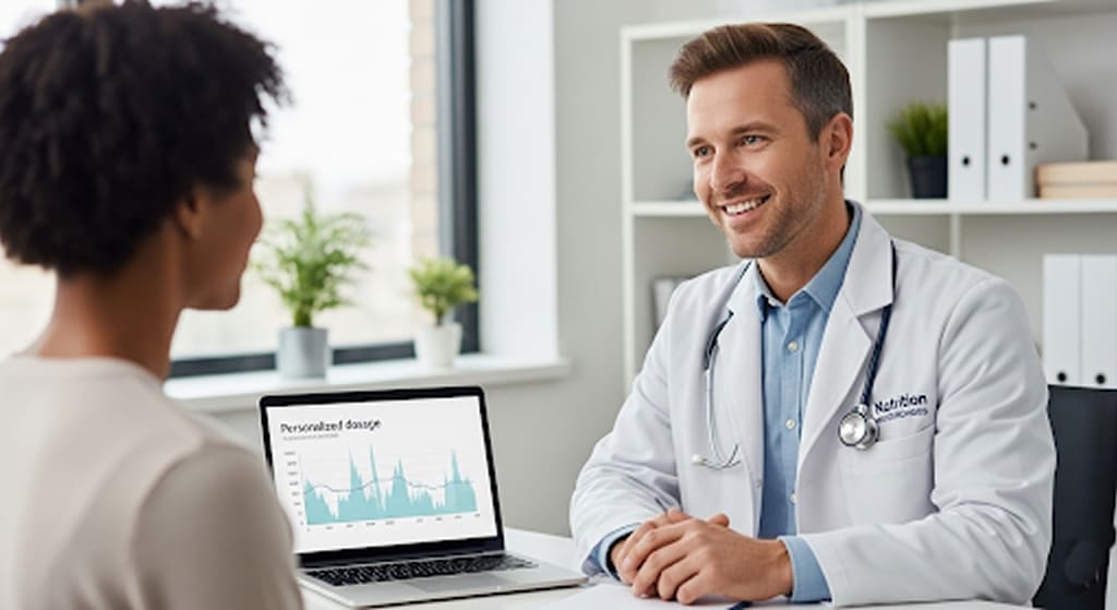 A doctor and patient discussing health, with a laptop showing medical data.