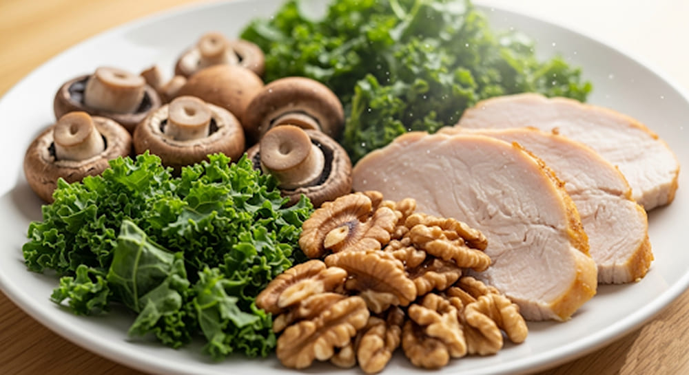 Healthy vitamin B3 rich meal supporting NAD+ synthesis.