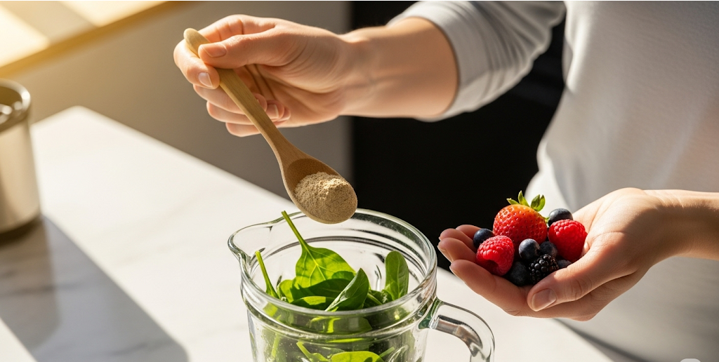 Woman making smoothie with adaptogenic powders and fresh fruits