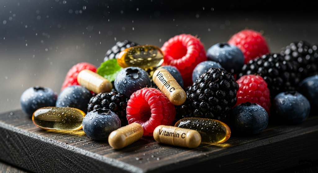 Antioxidant-rich berries with vitamin C supplements on wooden board