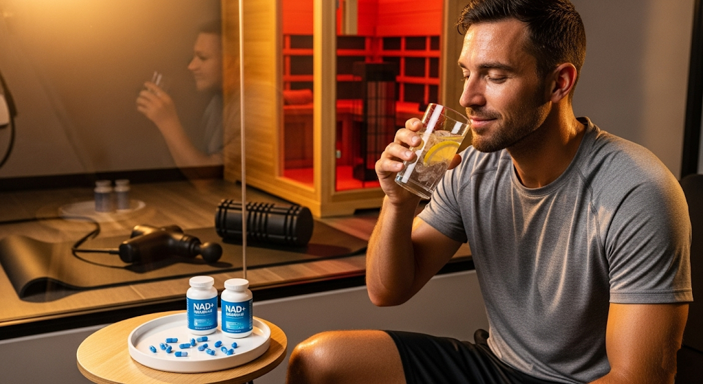 Athlete recovering after training with hydration and NAD+ supplementation.
