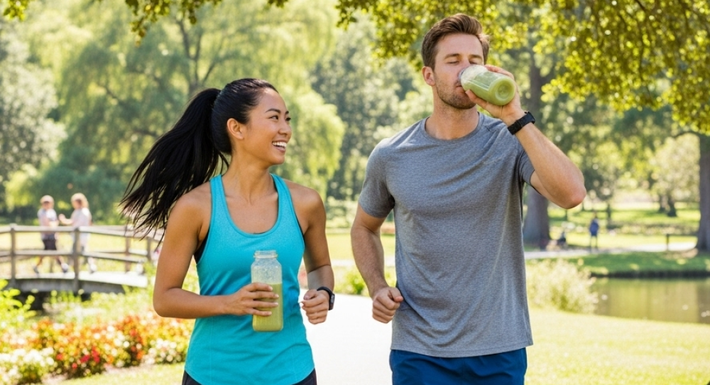 Couple running in the park, drinking sprouted protein shakes afterward