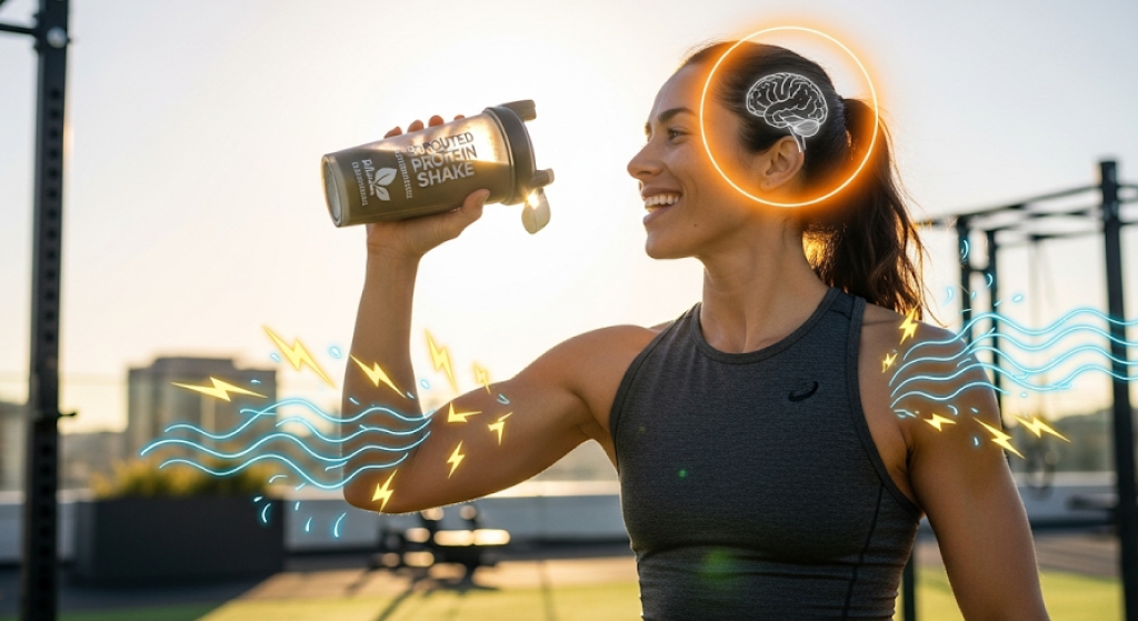 A person smiling while drinking a Sprouted Protein shake, with glowing graphics of a brain and energy waves around them.