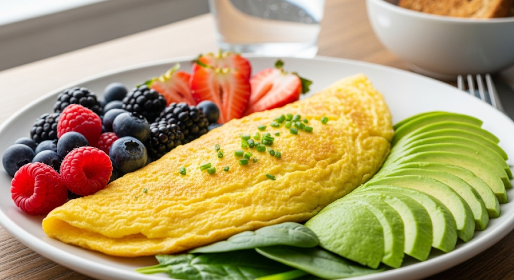 Omelette, avocado, and berries on a plate