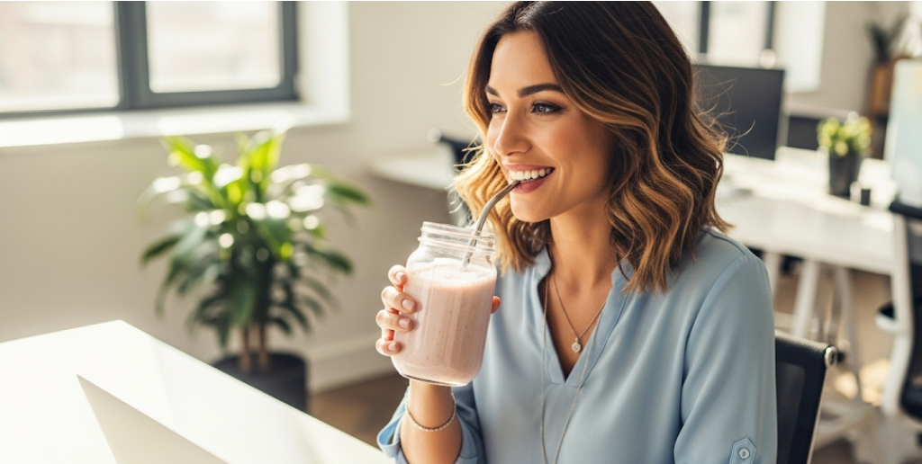 Smiling woman at work drinking a protein smoothie from a glass jar