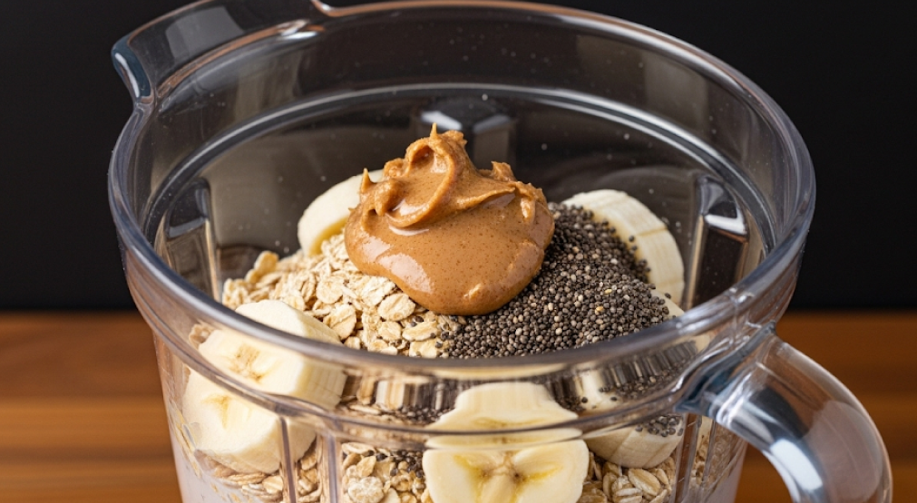Blender with protein shake ingredients: oats, banana, chia, almond butter