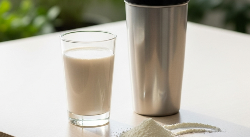 A glass of prepared protein shake, a metal shaker bottle, and a pile of protein powder on a light wooden table.