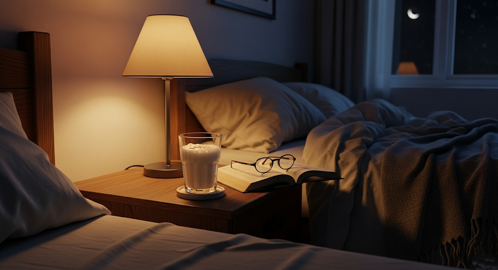 Glass of casein shake on bedside table