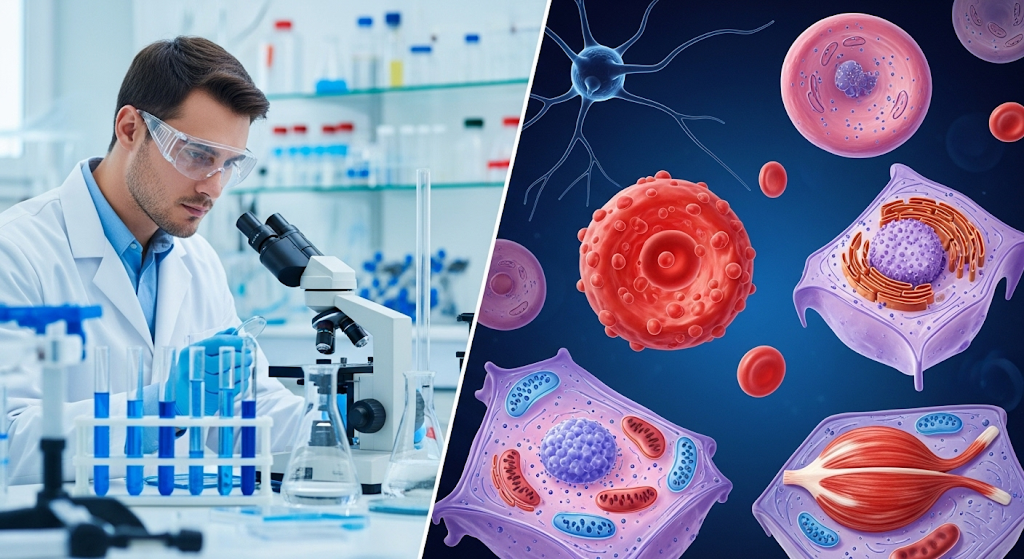 A scientist in a lab and an illustration of healthy cells