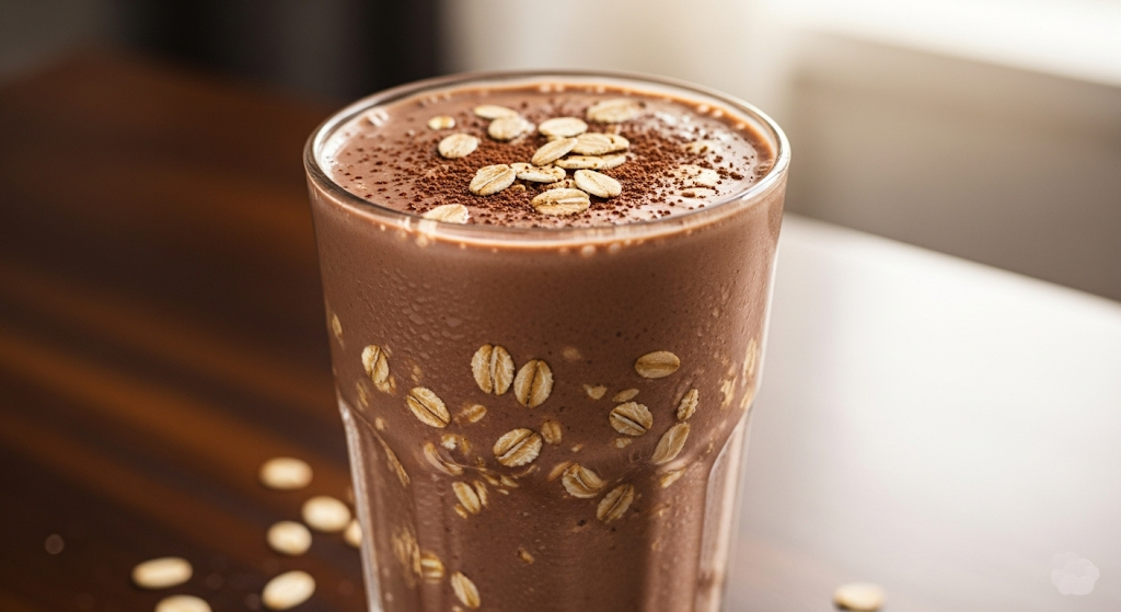 Creamy chocolate protein shake with rolled oats in a glass.