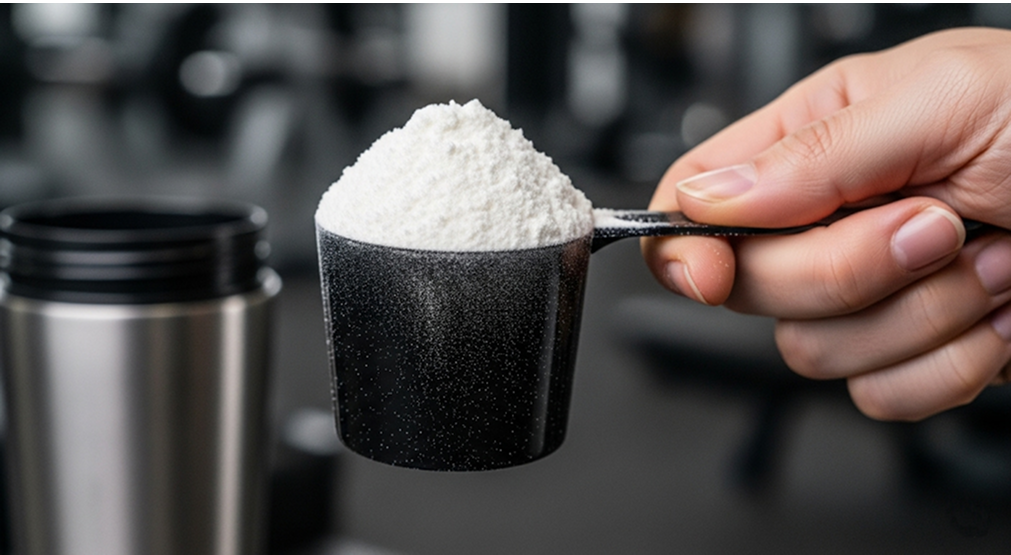 Hand holding a scoop of white whey protein powder ready to be added to a drink.