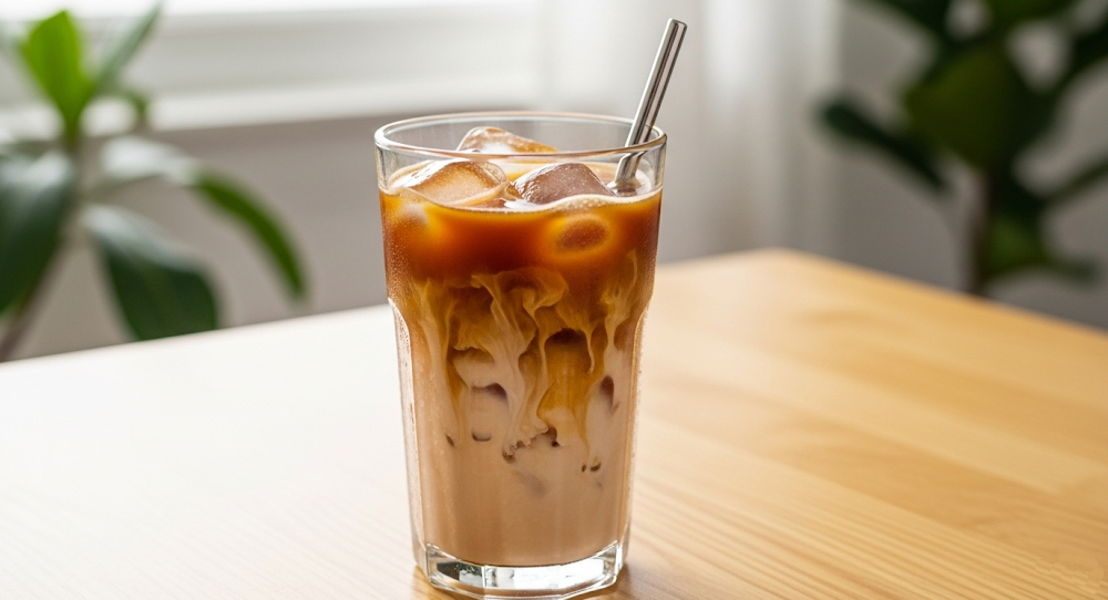 Iced coffee with collagen powder and oat milk in a glass.