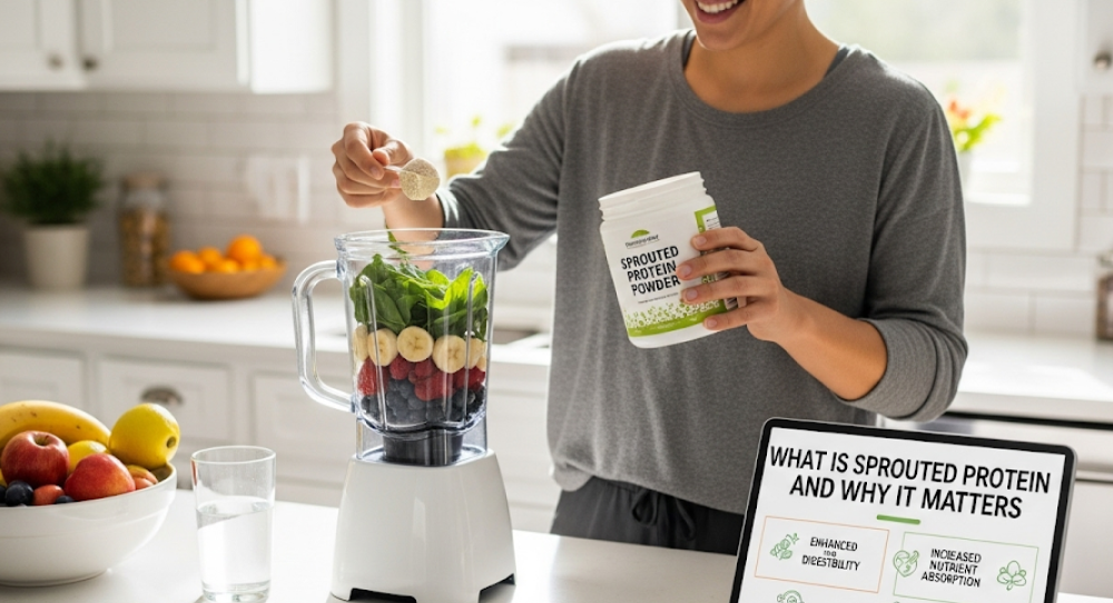 A person adding a scoop of Sprouted Protein Powder to a blender filled with a variety of fruits and leafy greens. An open laptop showing information about sprouted protein sits on the counter.