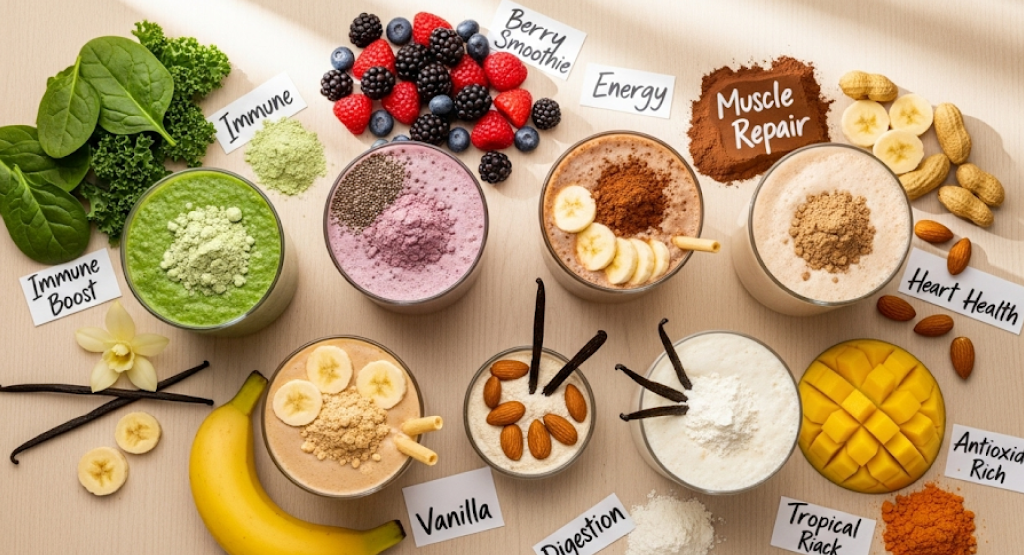 Variety of protein shakes on a table with ingredients like nuts, fruits, and powders.