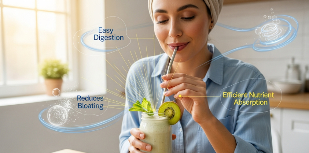 A person smiling while drinking a smoothie through a straw, with graphics highlighting the benefits of easy digestion, reduced bloating, and efficient nutrient absorption.