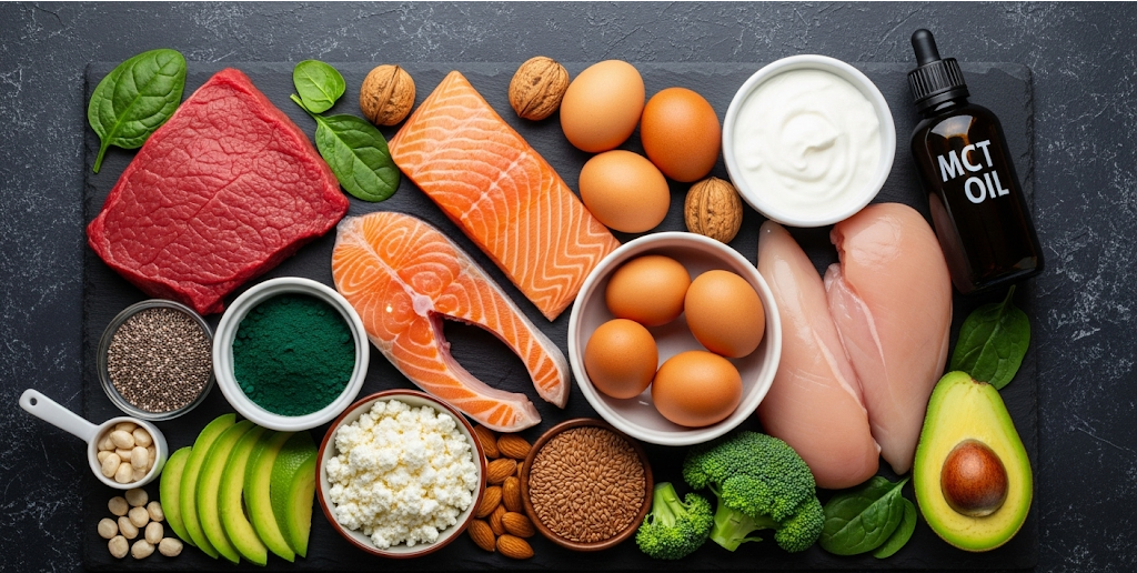 Various protein-rich foods on a table