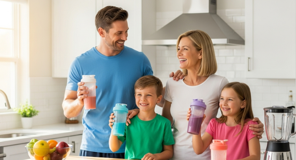 Parents and children drinking protein shakes together