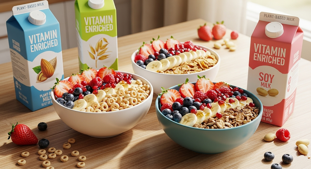 Bowls of fortified cereal with fresh fruits and vitamin-enriched plant milk