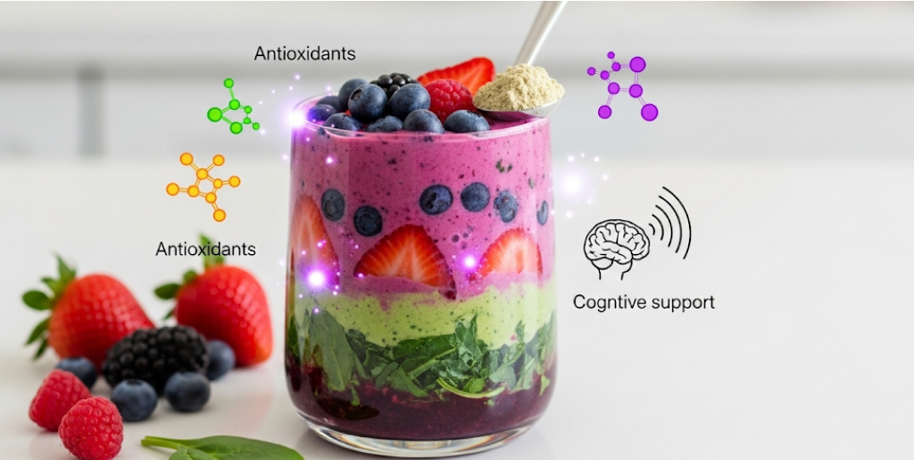 A layered smoothie with berries, spinach, and other ingredients, with graphics representing antioxidants and cognitive support.