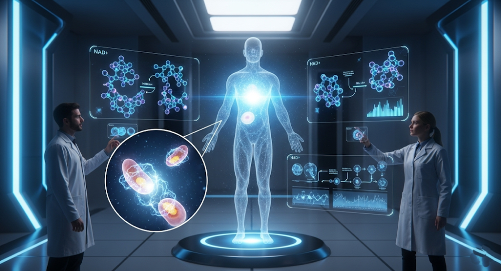 Futuristic visualization of NAD+ enhancing cellular detox in a medical research setting.