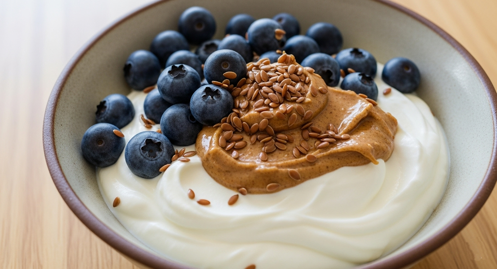 Bowl of Greek yogurt with blueberries, almond butter, and flax seeds.