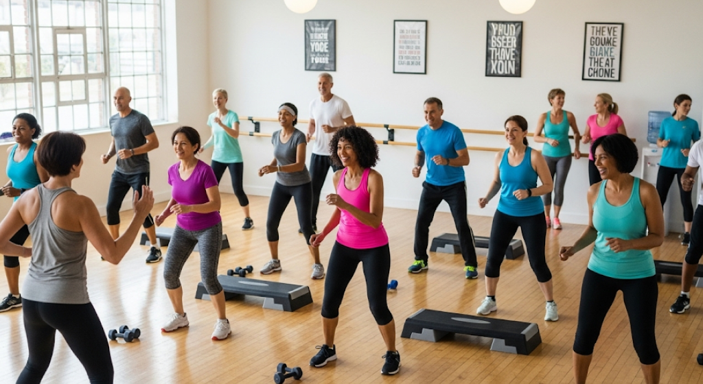 Middle-aged group doing aerobic exercises
