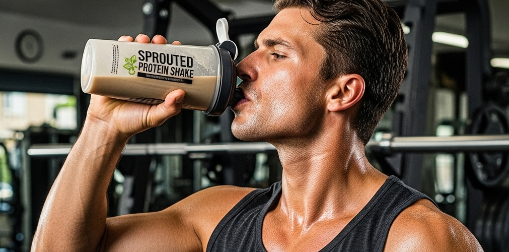 Athlete drinking a sprouted protein shake after lifting weights