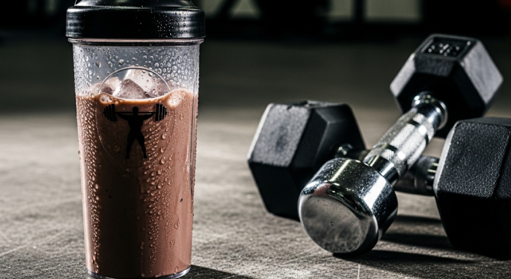 Shaker bottle with protein shake next to dumbbells