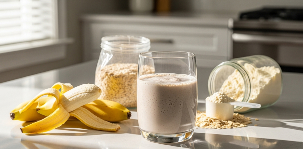 Protein shake with bananas and oats on kitchen counter