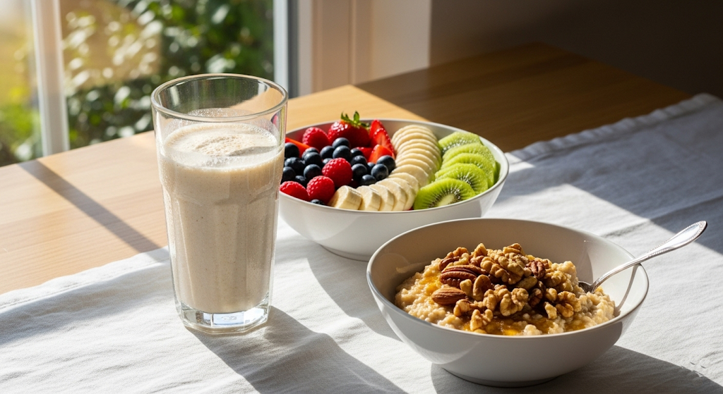 Balanced breakfast table with protein shake, fresh fruit, and oatmeal, perfect for workout nutrition.